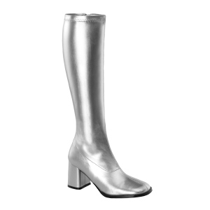 Sølv vinyl støvler blokkhæl 7,5 cm - 70 tallet hippie disco gogo - knehøye boots