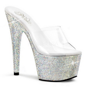gjennomsiktig s�lv 18 cm BEJEWELED-701DM strass plat� mules