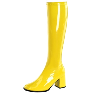 gule lakkstøvler blokkhæl 7,5 cm - 70 tallet støvler hippie disco gogo - knehøye boots