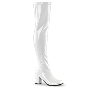hvite vinyl lårhøye støvler 7,5 cm - 70 tallet hippie disco gogo - lårhøye boots