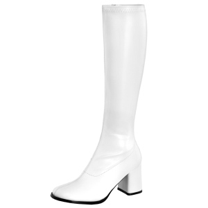 hvite vinyl støvler blokkhæl 7,5 cm - 70 tallet hippie disco gogo - knehøye boots