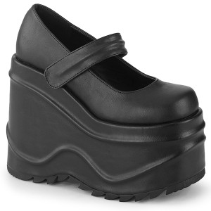 svart vegan 15 cm WAVE-32 gothic mary jane pumps med kileh�ler plat�