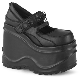 svart vegan 15 cm WAVE-48 gothic mary jane pumps med kileh�ler plat�
