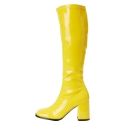 gule lakkstøvler blokkhæl 7,5 cm - 70 tallet støvler hippie disco gogo - knehøye boots