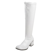 hvite lakkstøvler blokkhæl 5 cm - 70 tallet støvler hippie disco gogo - knehøye boots