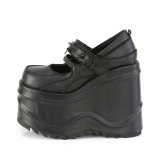 svart vegan 15 cm WAVE-48 gothic mary jane pumps med kileh�ler plat�